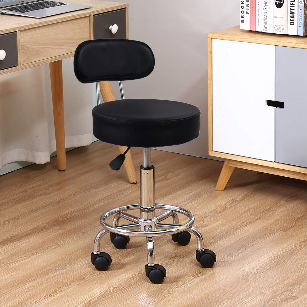 KKTONER PU Leather Round Rolling Stool Mid-Back with Footrest Height Adjustable Office Computer Home Drafting Swivel Task Chair with Wheels (Black)