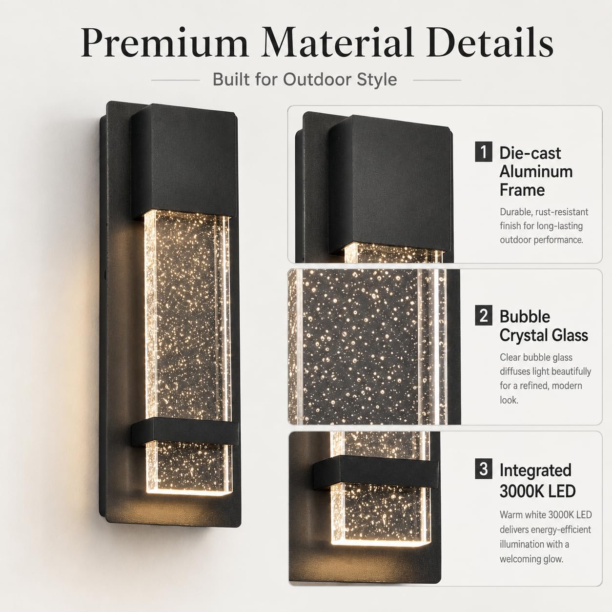 Modern Outdoor Wall Light, 12W LED Wall Sconce 3000K Warm Light, Waterproof Black Aluminum Exterior Wall Light with Bubble Crystal Glass, Hardwired Porch Light for Front Door, Patio, Garage