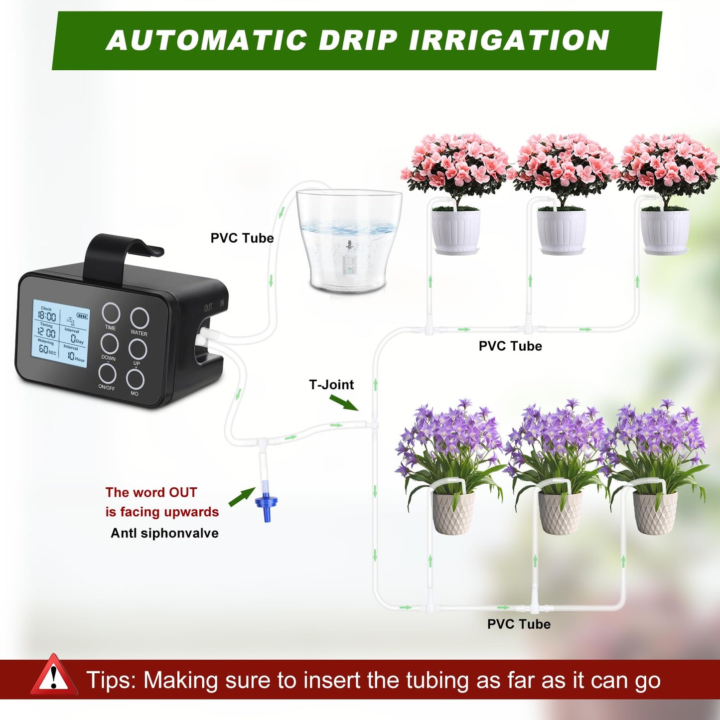Automatic Plant Watering System for 15 Pots, [Upgraded] Tipkook Programmable Indoor/Outdoor Drip Irrigation System with LCD Touchscreen,1-300s Watering Timer, Vacation Garden Watering System