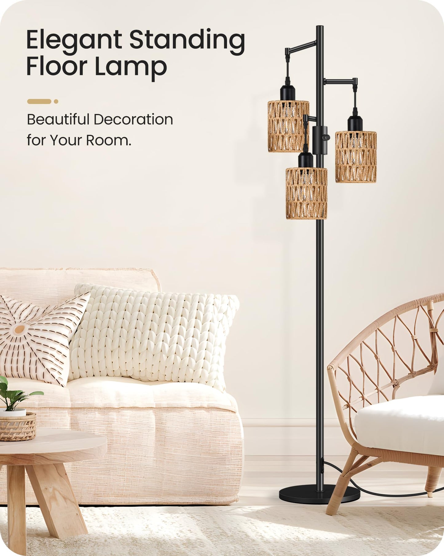 GOEBLESON Dimmable Floor Lamp, Farmhouse 178CM Tall Standing Tree Lamp with 3 Rope Woven Bamboo Lampshades, Boho Rattan Floor Lights, 4W 3 LED Bulbs Included, for Living Room, Bedroom, Study, B03LD05