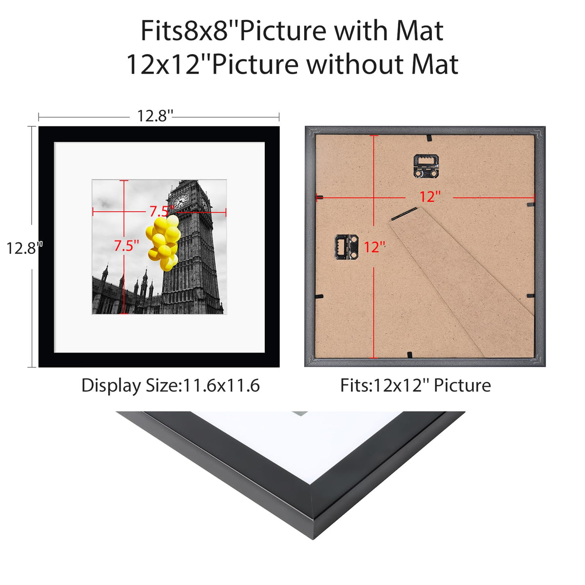 BSRHOME 12x12 Black Picture Frame Set of 9,Display Pictures 8x8 with Mat or 12 x 12 without Mat,Multi Collage Gallery Square Photo Frames for Wall or Tabletop