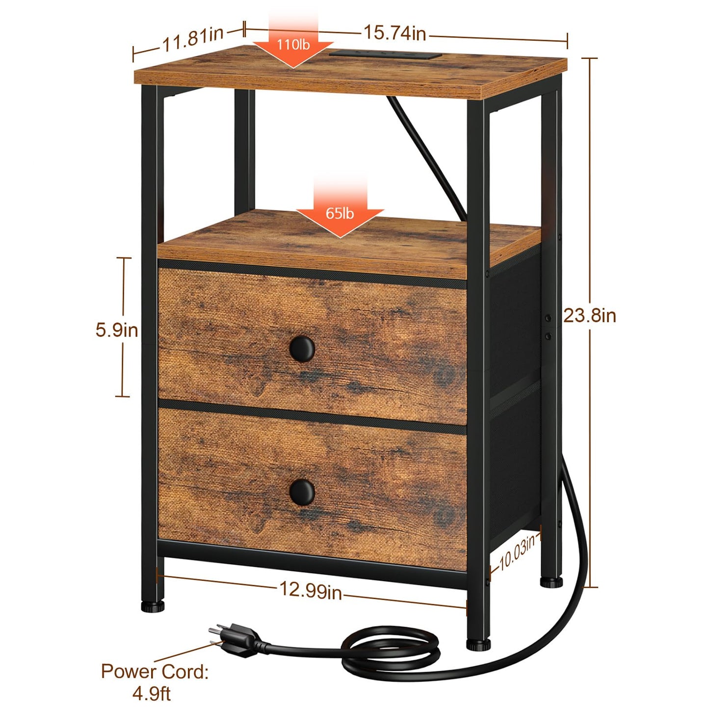 LOAKEKEL Night Stand with Charging Station, Small Bedside Table with Fabric Drawer, Nightstand with USB Ports & Outlets for Bedroom, Living Room, Brown, HETS020BR-1