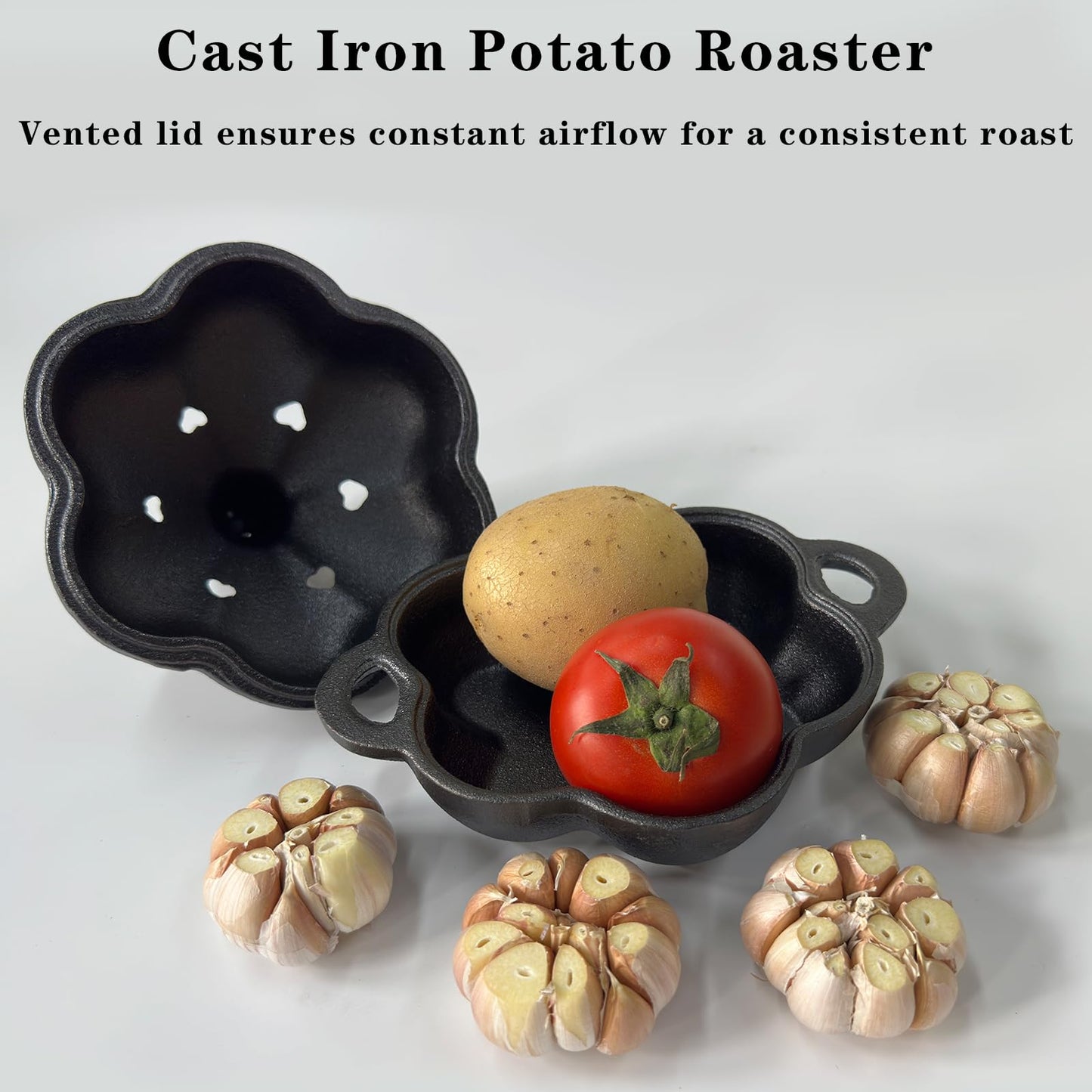 BOLVOUD Cast Iron Smoker Roaster & Garlic Roster Baker, Smoker Box, Pre-Seasoned Cast Iron Garlic Roaster for Grill, Perfect for BBQ and Oven, for Smoky, Flavorful Vegetables, Meats or Wood Chips