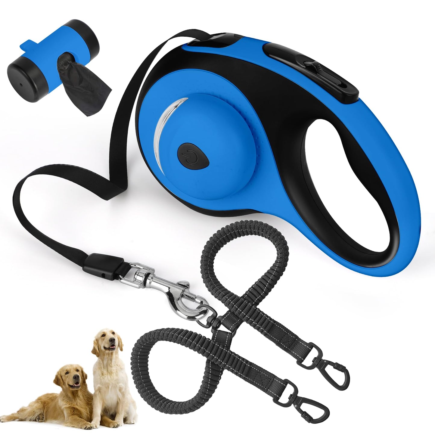 Dual Retractable Dog Leash for 2 Large Dogs (Up to 110LBS Each) - Double Headed Pet Leash with Poop Bags and LED Light, One Button Brake & Lock, 360 Tangle-Free (Blue, Large)