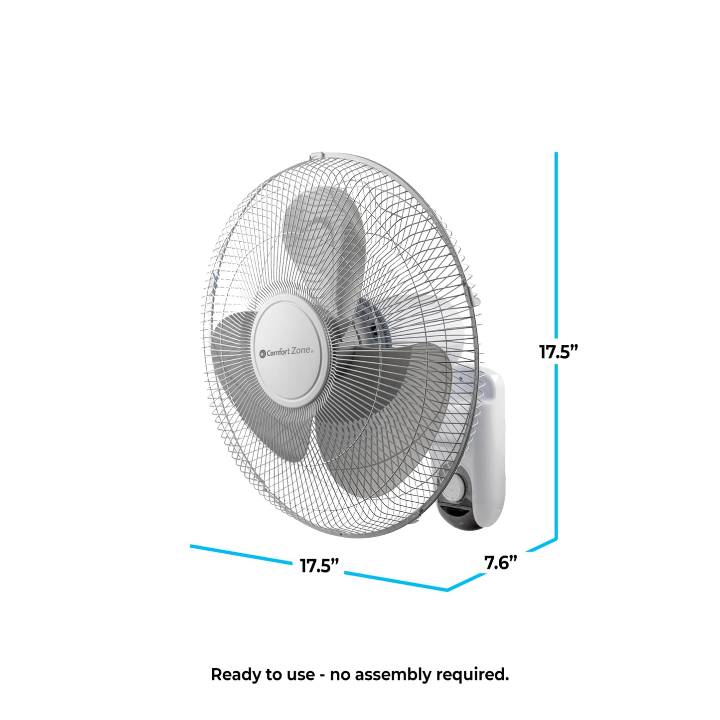 Comfort Zone Oscillating Wall Mount Fan with Adjustable Tilt, 16 inch, 3 Speed, Metal Grille, 90 Degree Oscillation, Airflow 14.07 ft/sec, Ideal for Home, Bedroom, Gym & Office, CZ16W
