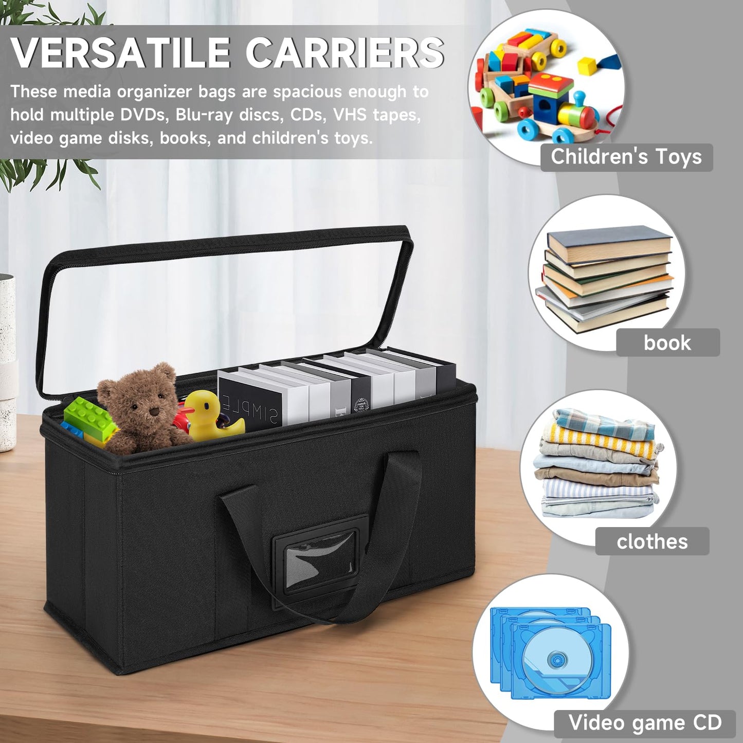 4 Pack CD Storage Boxes, TORIBIO CD Case Holder Organizer with Clear PVC Lid and Index Labels- 13.4"x 6.3"x 5.5" CDs Storage Holder Bags, Each Hold up to 31 CDs Jewel Cases or 170 Discs