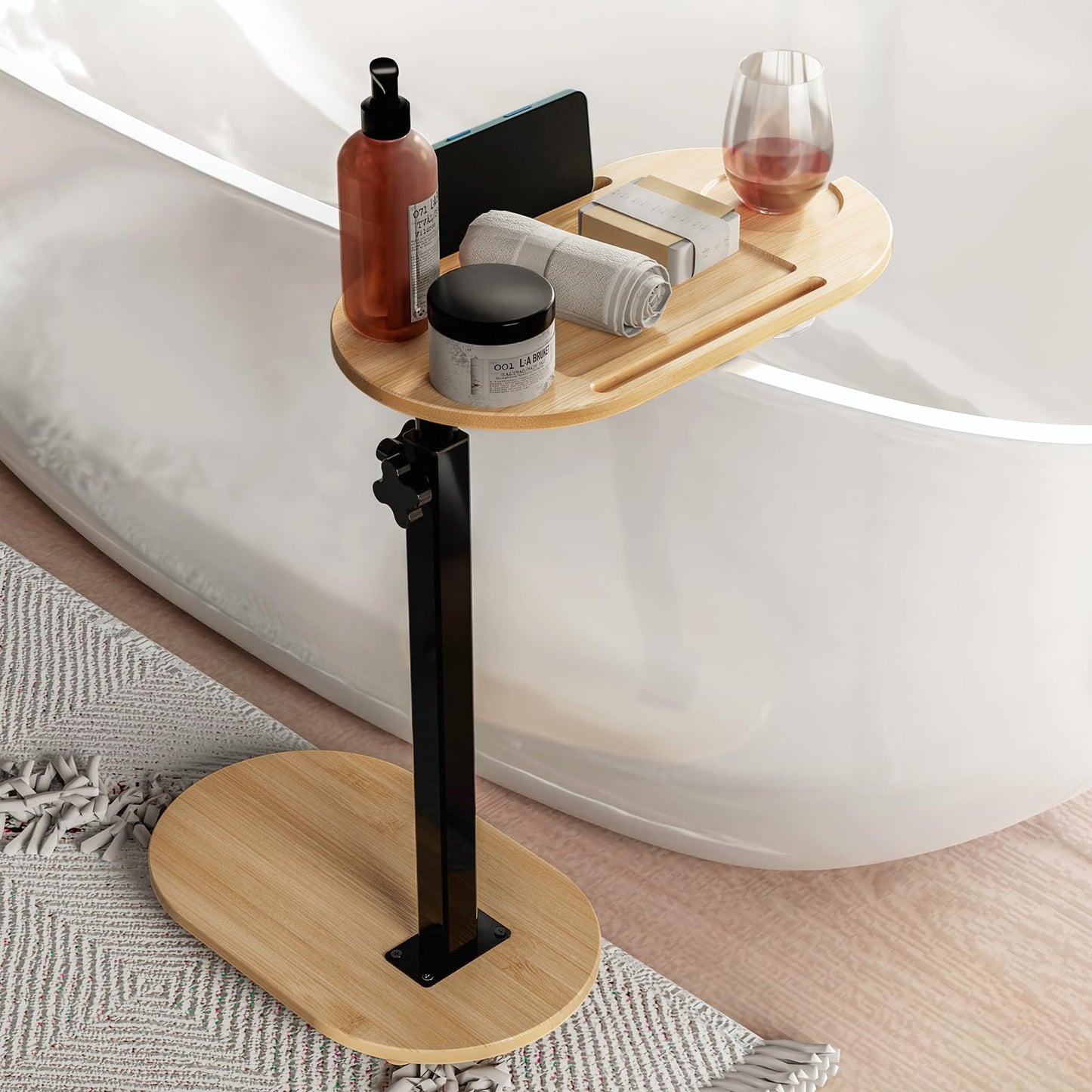 Yumkfoi Bamboo Bathtub Tray Table with Adjustable Height, Freestanding Bath Caddy Tray for Tub Against Wall, Bathtub Side Table for Luxury Bath Home Spa and Gift Choice - Patent Protected (Natural)