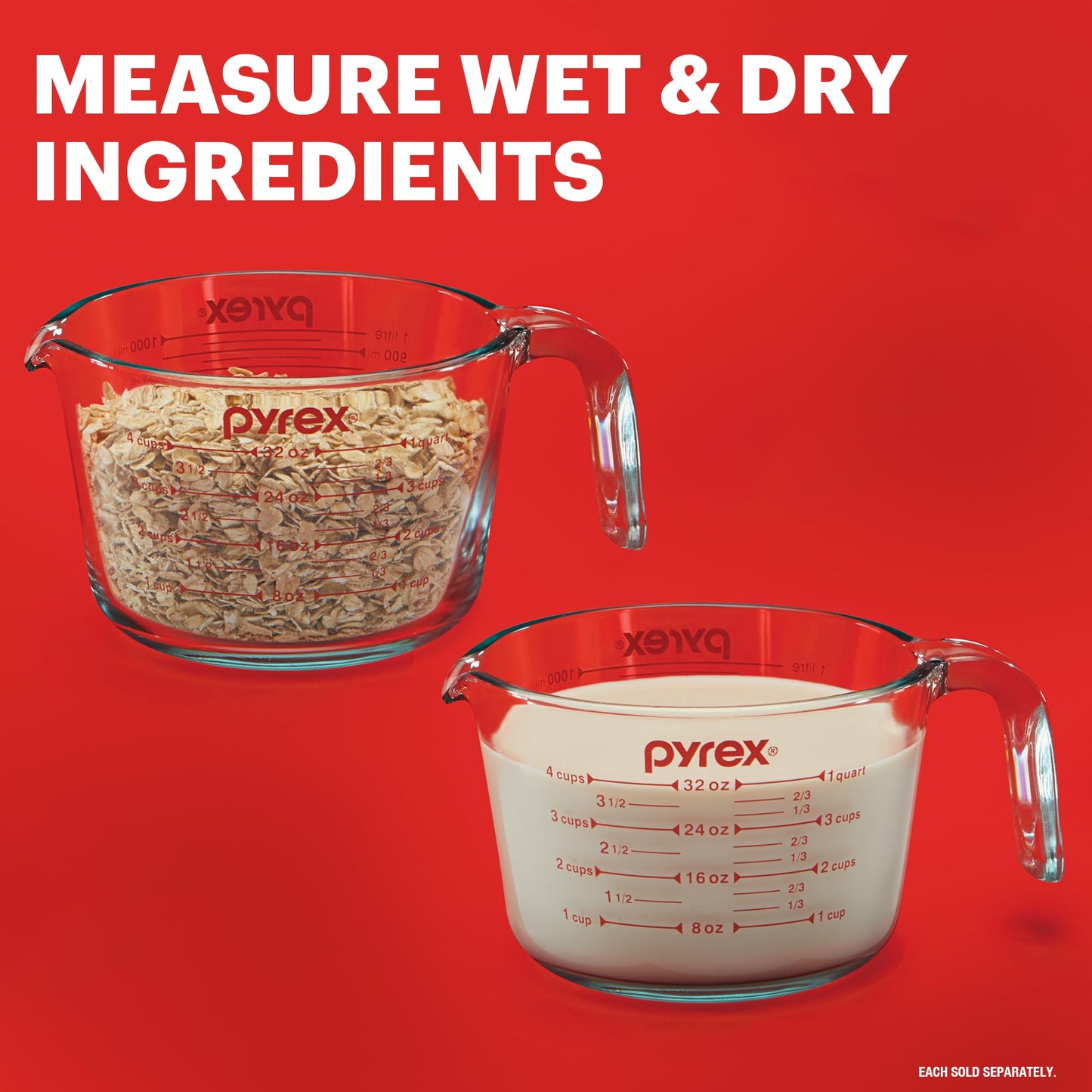 Pyrex 3 Piece Glass Measuring Cup Set, Includes 1-Cup, 2-Cup, and 4-Cup Tempered Glass Liquid Measuring Cups, Dishwasher, Freezer, Microwave, and Preheated Oven Safe, Essential Kitchen Tools