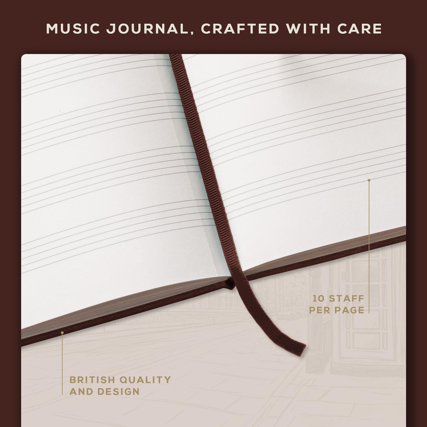 Beechmore Books Blank Sheet Music Notebook – A4 8.5"x11.5" for Songwriters, Musicians & Composers, 156 Thick 120gsm Pages, 10-Staff Perforated Sheets, Vegan Leather Hardcover, Elastic Closure, Gift Box