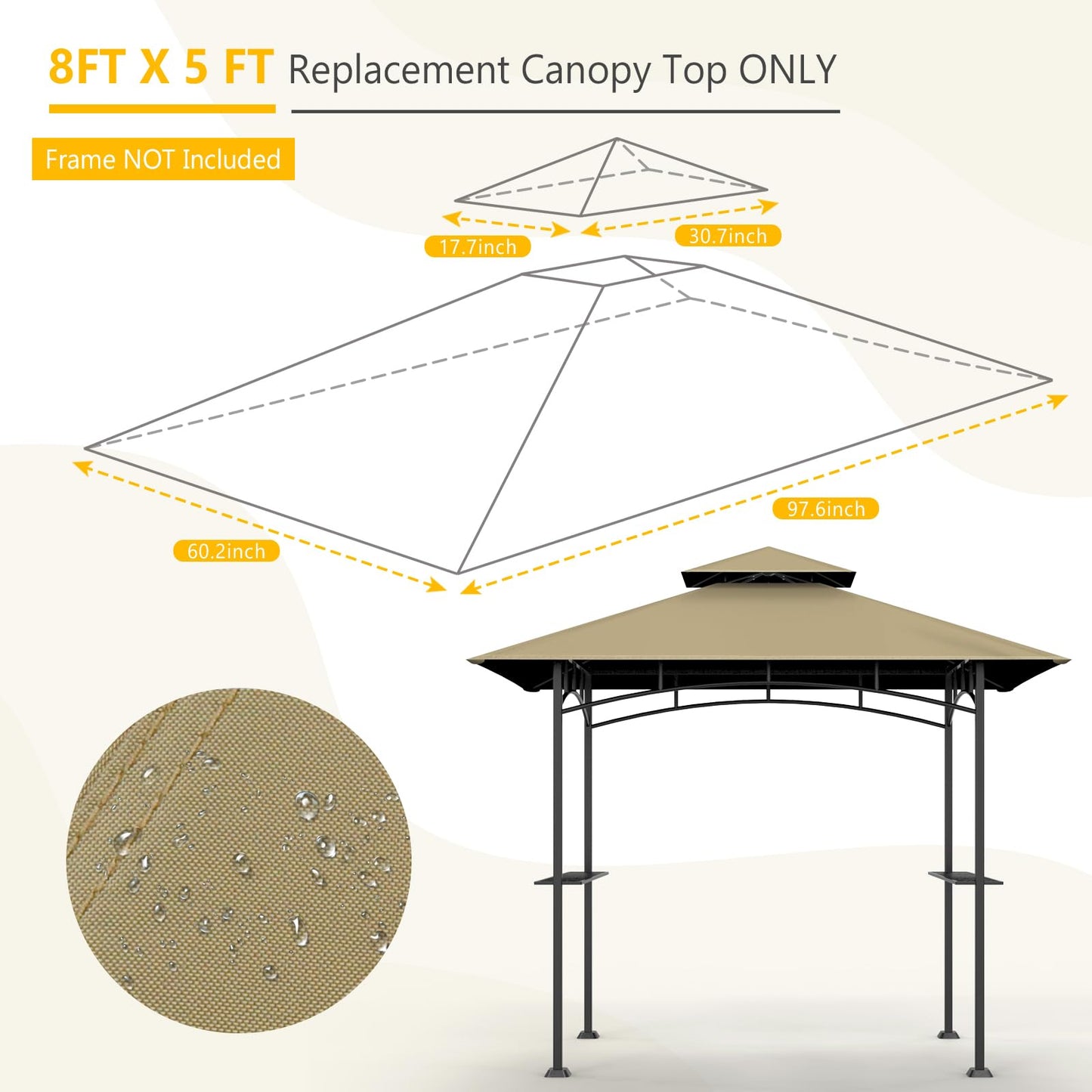 OIPUNSHLE Grill Gazebo Replacement Canopy Top, 5'x8' Top Double Tiered Replacement Canopy Roof, Grill Shelter Cover Roof Fit for Gazebo Model L-GG001PST-F (Khaki)