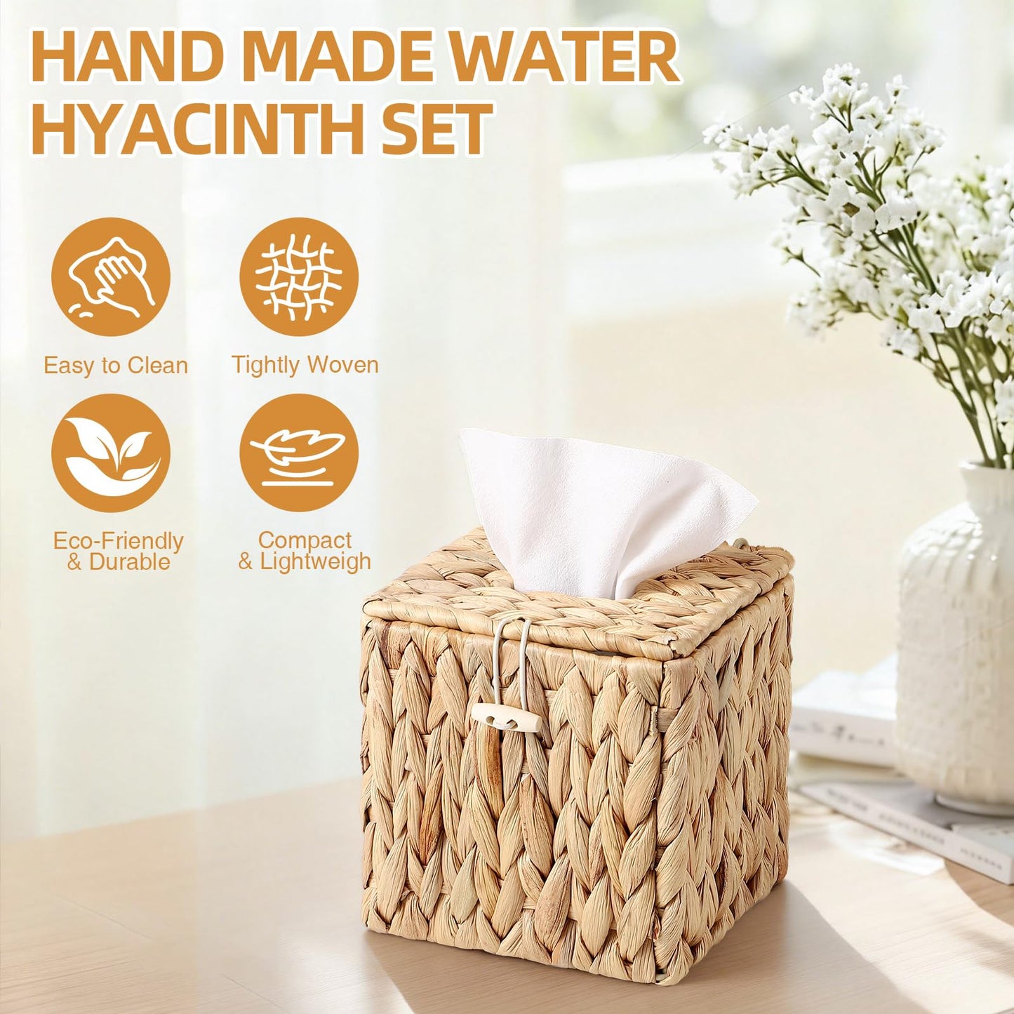BSSN 4 Gallon Handwoven Rattan Trash Can with Lid for Bedroom, Living Room, Bathroom (Rectangular)
