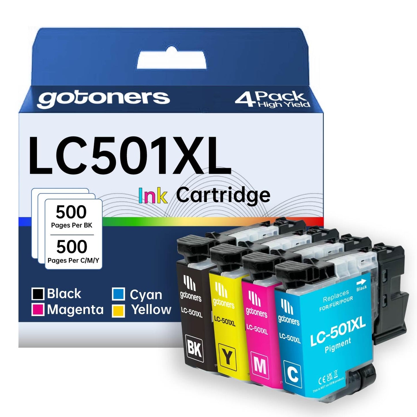 LC501XL LC501 Ink Cartridge Compatible for Brother LC501 XL Ink Cartridges LC501XL High Yield Compatible for Brother MFC-J1360DW MFC-J1260DW MFC-J1410DW Printer (4 Pack, Black, Cyan, Magenta, Yellow)