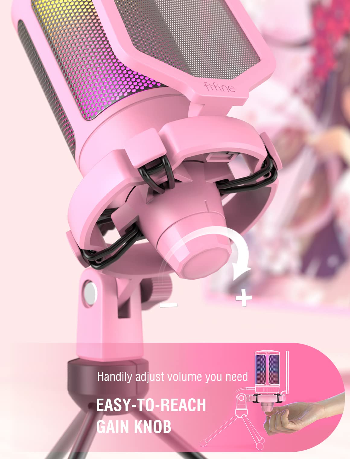 Fifine USB Gaming Microphone for PC PS4 PS5, Streaming RGB Computer Condenser Cardioid Mic with Mute Button, Volume Gain, Ideal for, YouTube, Video Podcasts-Pink A6P
