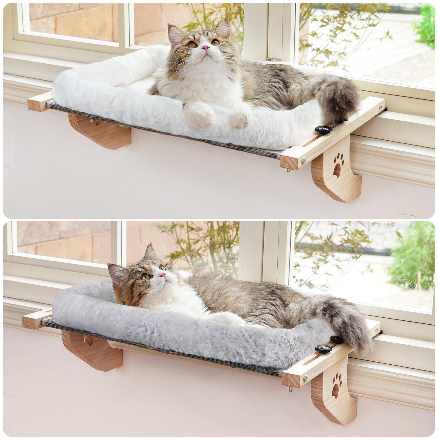AMOSIJOY Cat Sill Window Perch Sturdy Hammock Seat with Cushion Bed Cover, Wood & Metal Frame for Large Cats, Easy to Adjust Windowsill, Bedside, Drawer and Cabinet(Cushion Bed)