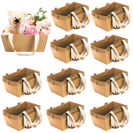 Cedilis 50 Pack Kraft Gift Basket with Handles, 9.8'' x 6.5'' x 4.3'' Empty Paper Basket for Party Gifts, Anniversary, Wedding, Easter, Crafts, Brown