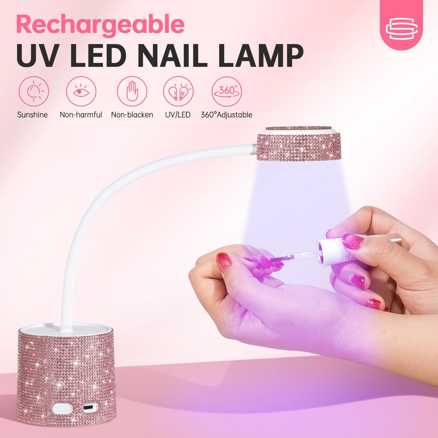 CHRISTINE SHELLY UV LED Nail Lamp, Mini UV Light for Gel Nails Polish, Rechargeable LED Flash Cure Nail Dryer, Quick Drying Goosenecks UV Nail Lamp for Home Nail Salon DIY Manicure, Pink Diamond