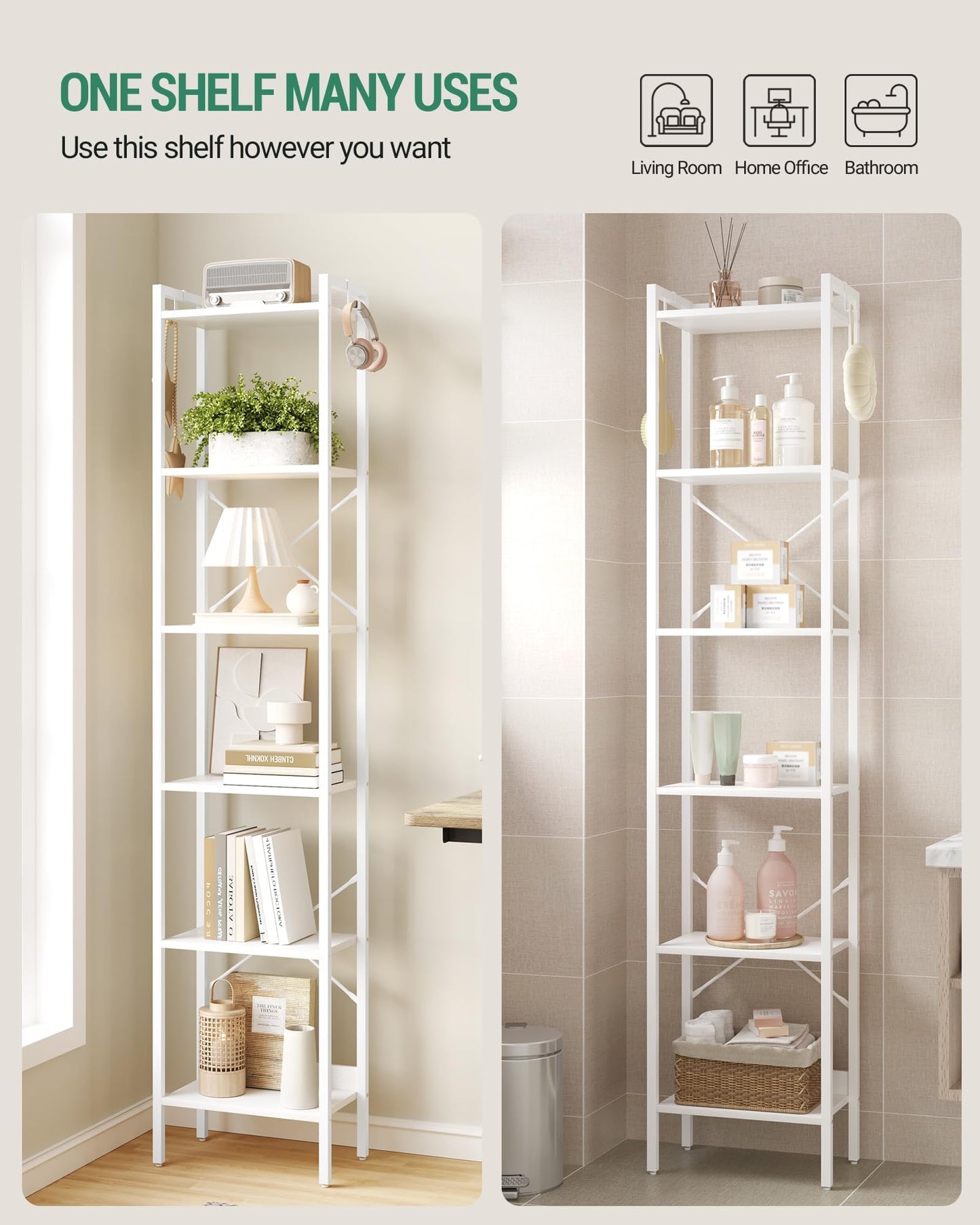 Hzuaneri Bookshelf, Book Shelf, Industrial Bookcase with 2 Hooks, Coner Shelf Storage Organizer for Home Office, Living Room, Bedroom, Kitchen, 6-Tier White BC10713W