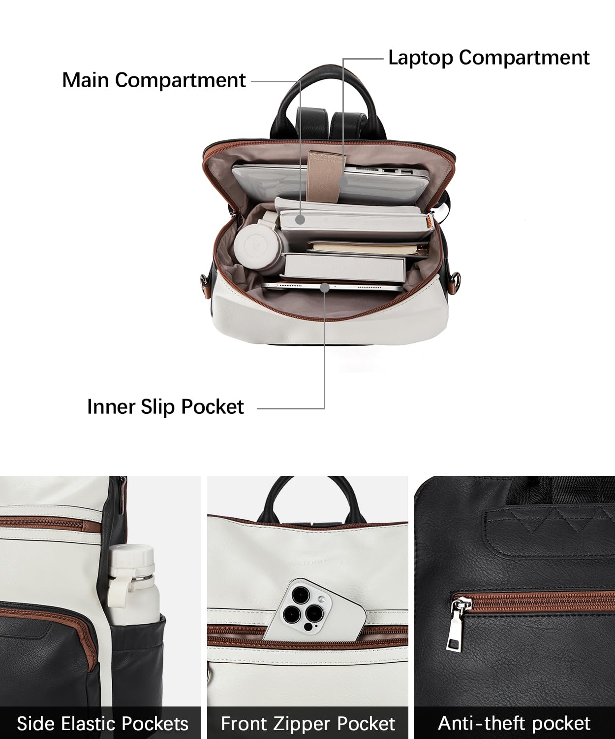 BOSTANTEN Leather Laptop Backpack for Women Designer Travel Backpack with Laptop Compartment Ladies Computer Shoulder Bags Black＆Beige＆Brown