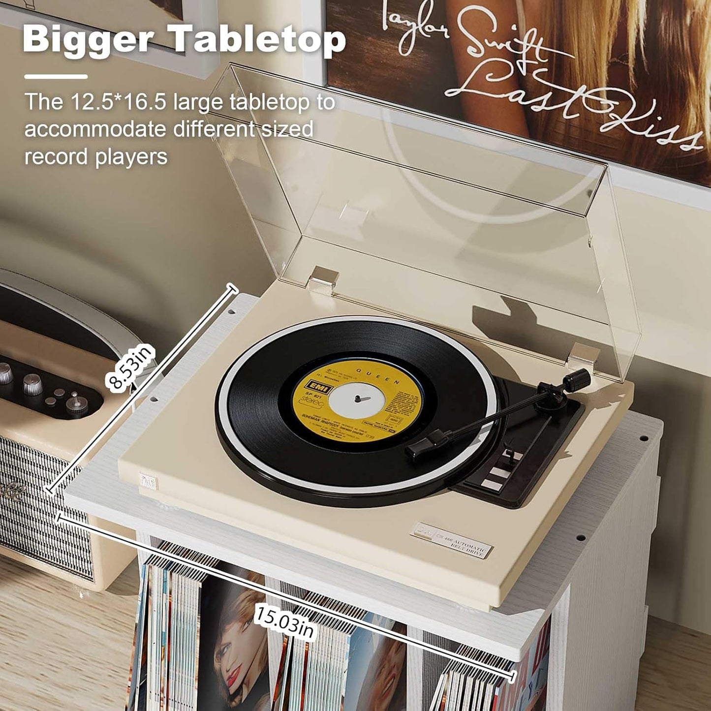 Emfogo Vinyl Record Storage, Record Player Stand Wall Mount Up to 80-100 Albums, 3-Compartment Vinyl Record Holder (White)