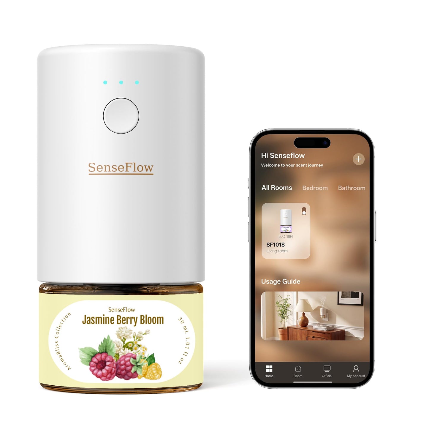 SenseFlow SF101S Pro Smart Plug in Air Freshener for Home, Waterless Essential Oil Diffuser, Aromatherapy Home Diffuser, 120-Day Natural Aroma Mist, Covers 1000 Sq Ft – Free 30ml Jasmine Berry Bloom