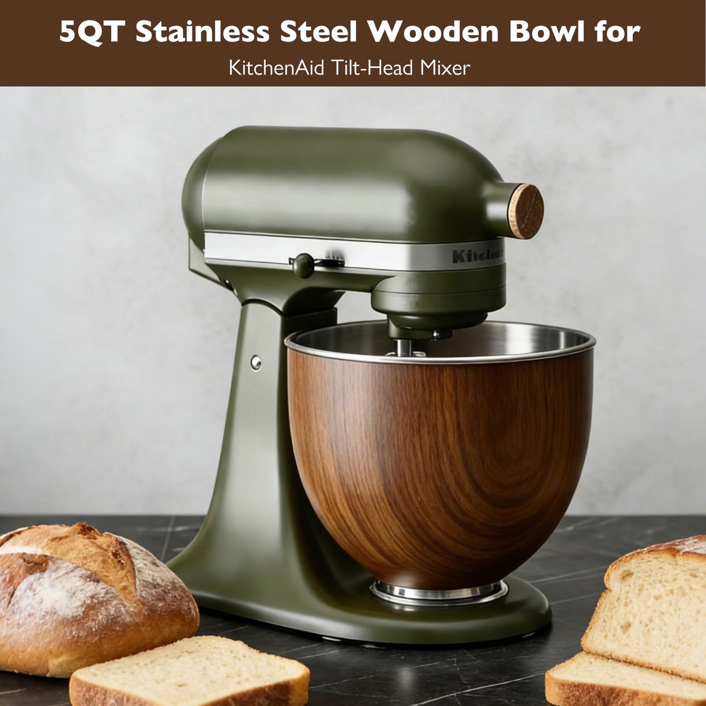 Premium Wood Mixing Bowl, Compatible with 4.5-5 Qt Tilt-Head Stand Mixers, Natural True Wooden Bowls,Suitable for K45SS, KSM75, KSM90, KSM100, KSM150, Dishwasher Safe, Heavy Duty, No Residue