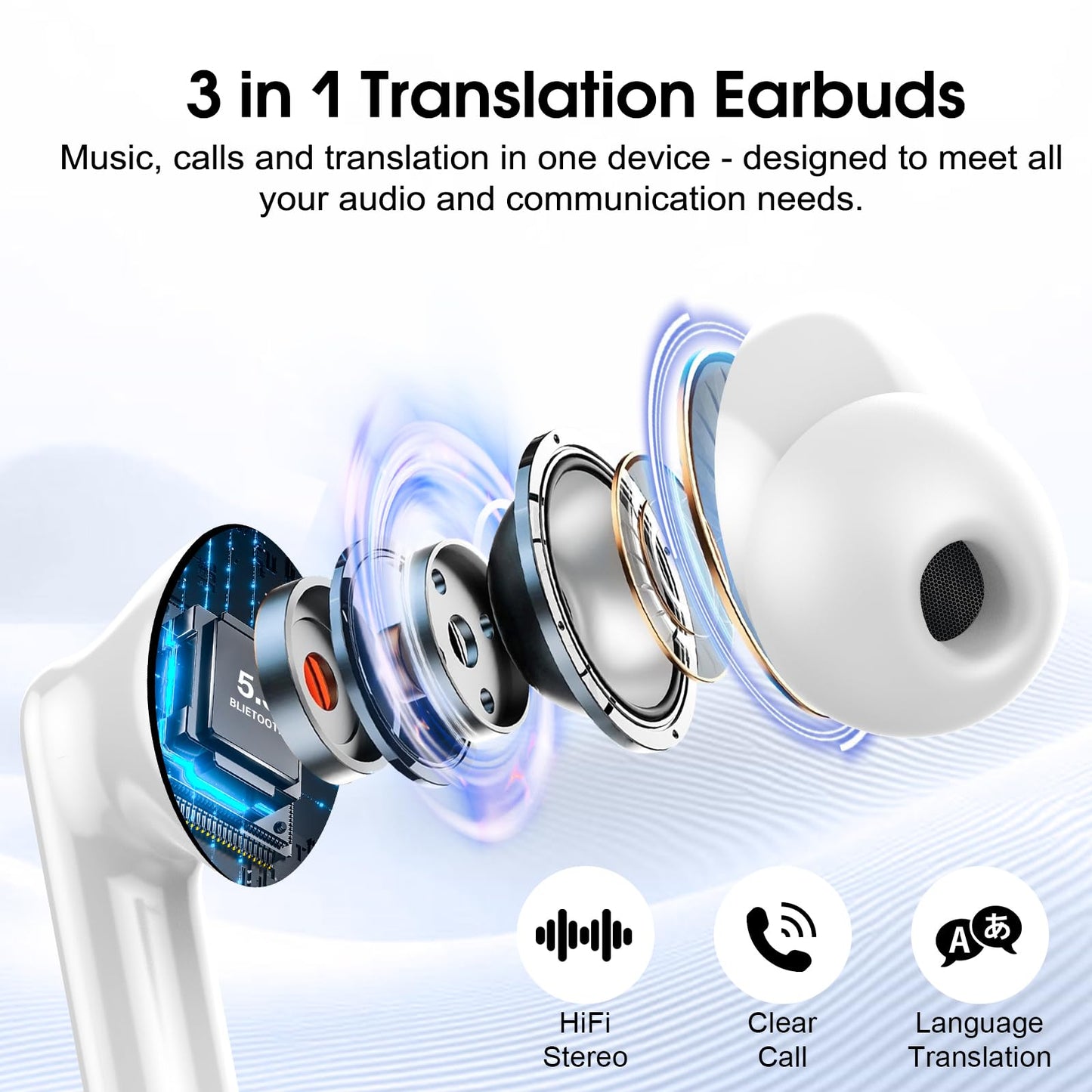 AI Language Translator Earbuds Real Time, 3 in 1 Simultaneous Interpretation Translator Earbuds with 164 Languages/6 Translation Modes, 40H Translation Headphones with ENC Mic Business/Learning White