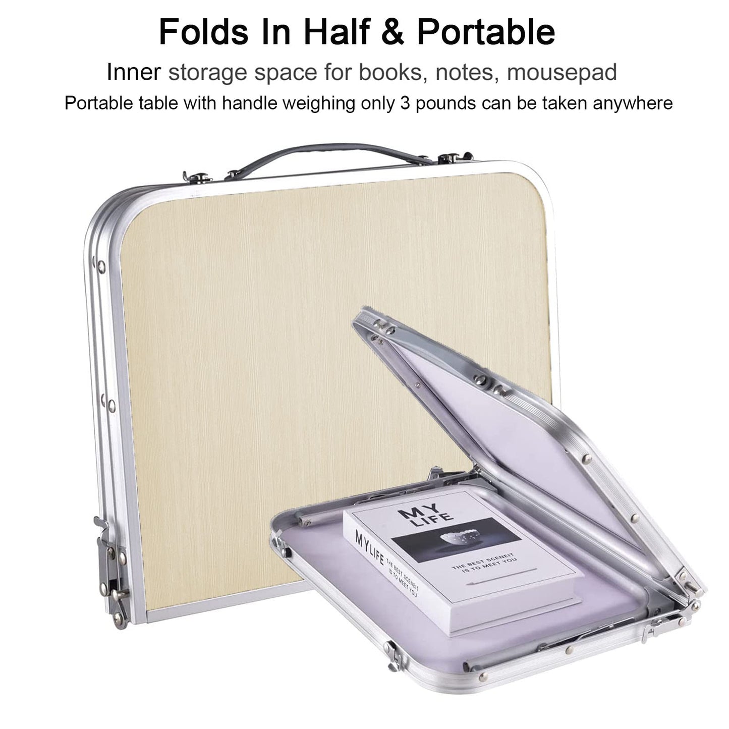 Tlingsd Foldable Laptop Table for Bed, Lap Desk, Bed Desk, Breakfast Serving Bed Tray, Portable Aluminum Alloy Mini Picnic Table Folds in Half with Inner Storage Space (Beige, Aluminum Foot)