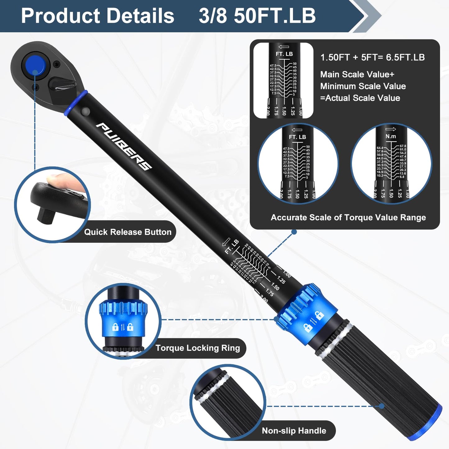 Puibers Torque Wrench 3/8 Drive Click 5-50 FT.LB/6.8-67.8 Nm,Moto Torque Wrenches Dual-Direction Adjustable 72 Tooth ±3% Precision, Mechanical Tools for Bike Car and Moto