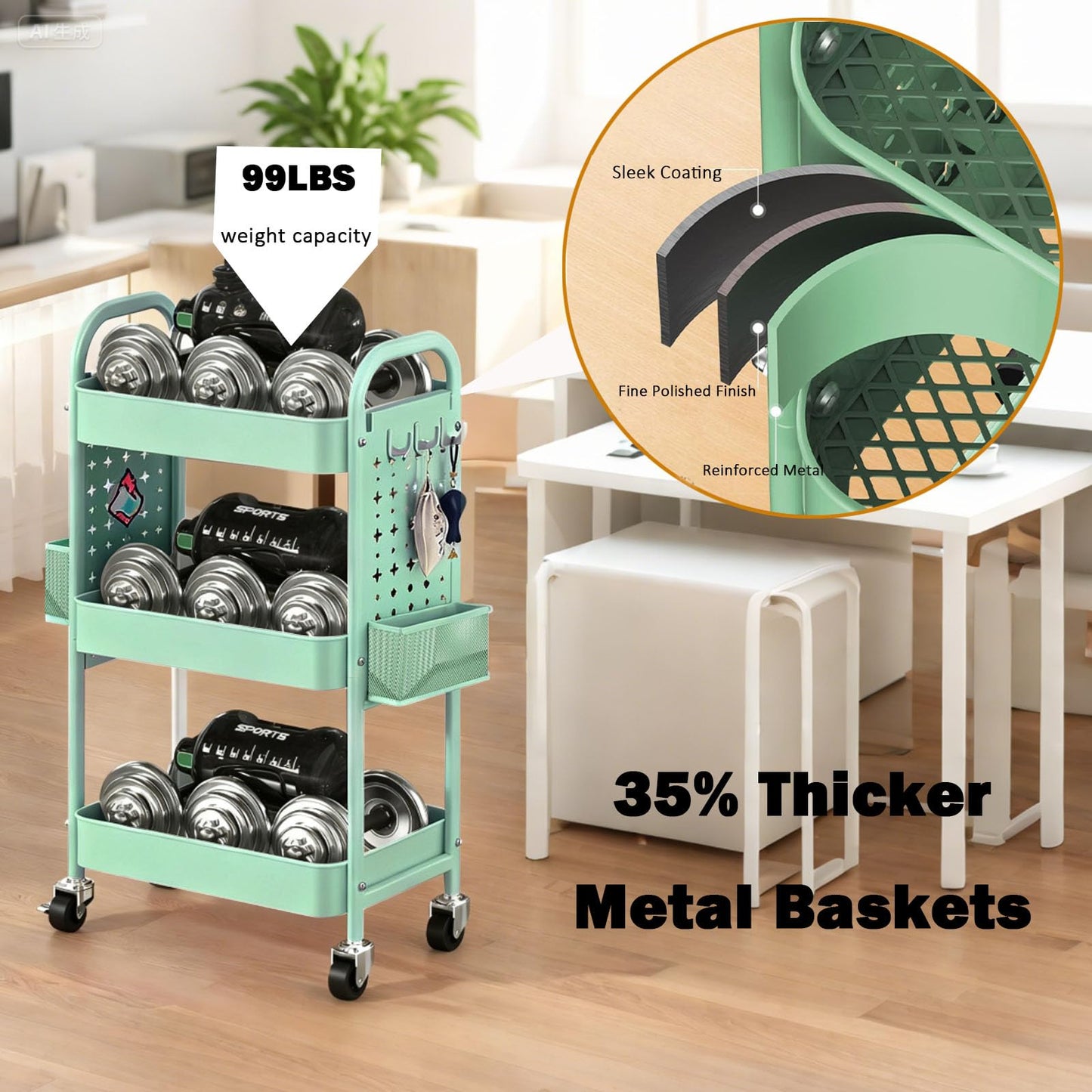 3 Tier Rolling Cart Storage Organizer,Heavy Duty Mesh Rolling Storage Cart Organizer，Metal Utility Cart with Wheels Baskets Hooks Pegboards,Craft Cart for Kitchen,Bathroom,Living Room,Office（Green）