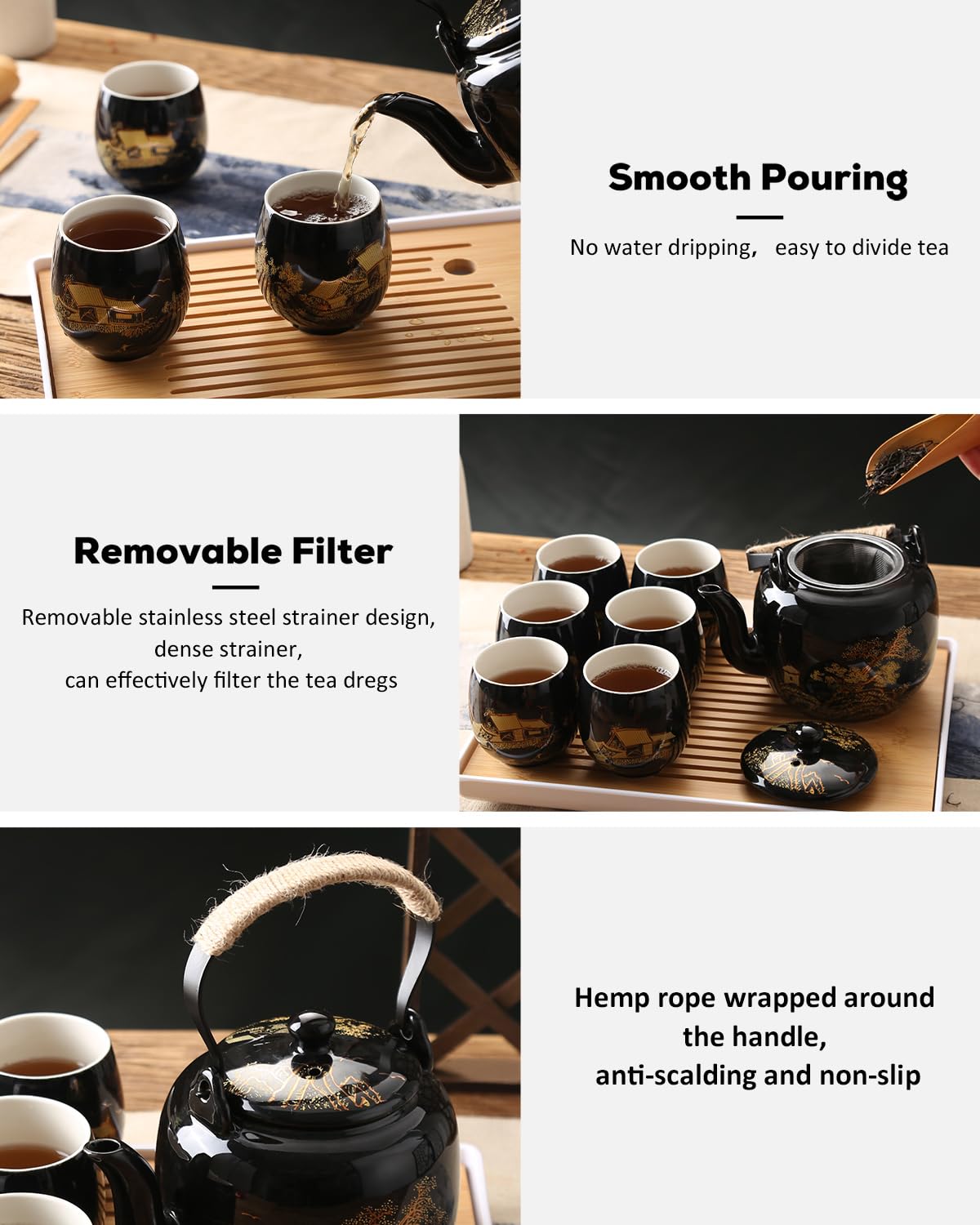 Dujust Japanese Tea Set, Black Porcelain Tea Set with 1 Teapot Set, 6 Tea Cups, 1 Tea Tray, 1 Stainless Infuser, Beautiful Asian Tea Set for Tea Lover/Women/Men (Countryside in Golden)