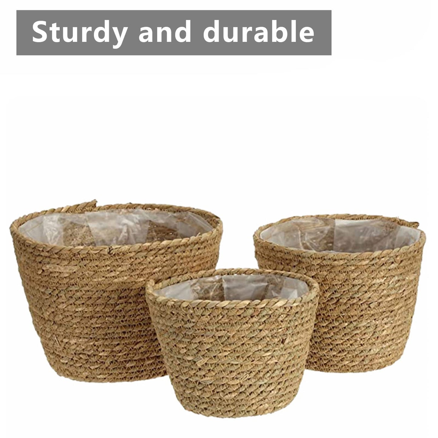 3 Pack Seagrass Planter Basket, Woven Planter Baskets Flower Pots Cover Storage Basket Plant Containers for Indoor Outdoor Plant and Home Decor