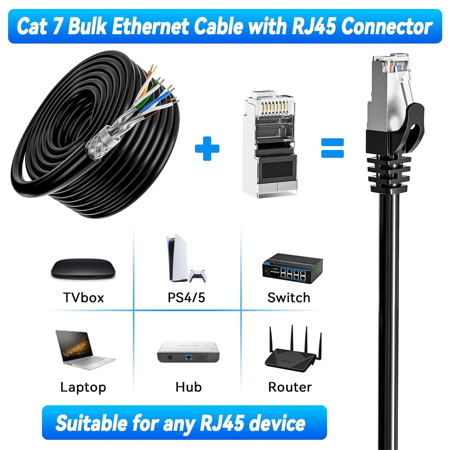 Cat 7 Outdoor Ethernet Cable 200ft Bulk (10RJ45), Cat7 SFTP Triple Shielded Ethernet Cable, High Speed 10Gbps, 24AWG, Waterproof, Direct Burial, UV Resistant Internet Cables 200 ft for Modem Router