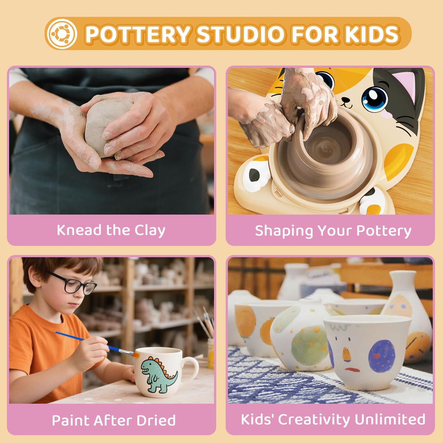 Funny CAT Pottery Wheel Kit for Kids Beginners Wheel with Foot Pedal & Painting Kit/Adjustable Speed, Dry Clay Arts & Crafts for Boys Girls 6 7 8 9 DIY Pottery Tools Art Supplies Craft Toy Teenager Girls Birthday Gift