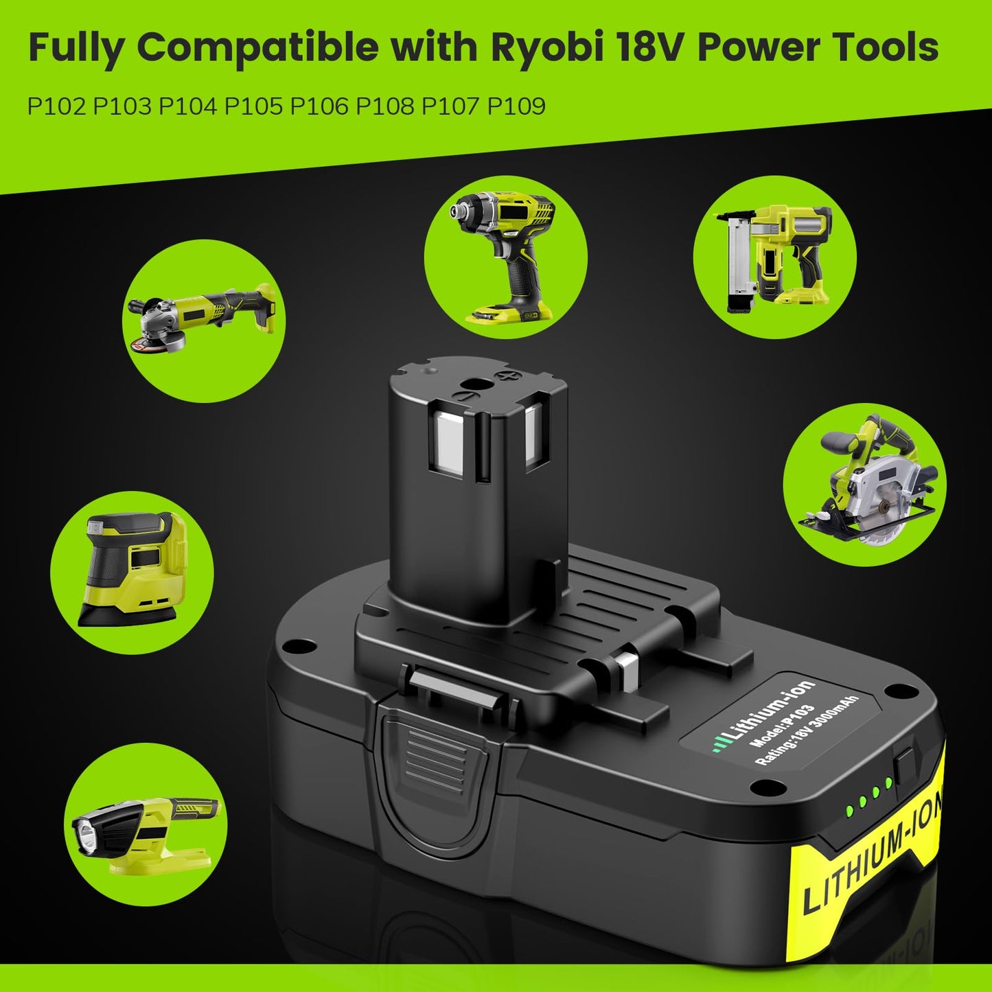 TREE.NB 2Pack 18V 3A Replacement for Ryobi 18V Battery Compatible with Ryobi 18Volt ONE+ Battery P104 P105 P102 P103 P107 P108 P109 P122 Replacement for Ryobi 18V Lithium Batteries