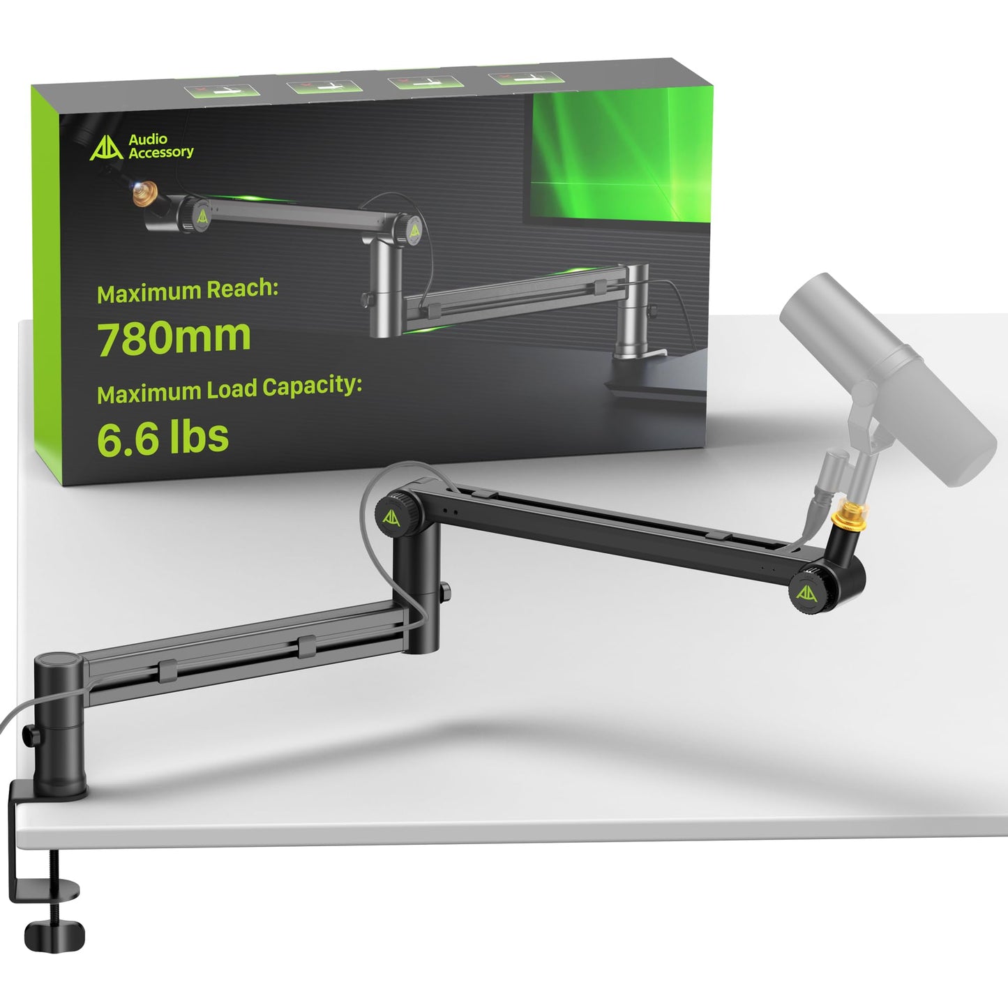 Low Profile Mic Arm, 3KG Load Capacity [Design for Heavy Mic] Compatible with Shure SM7B etc, Stable Gear Lock Structure Never Sags, Metal Microphone Boom Arm Stand with Desk Mount Clamp