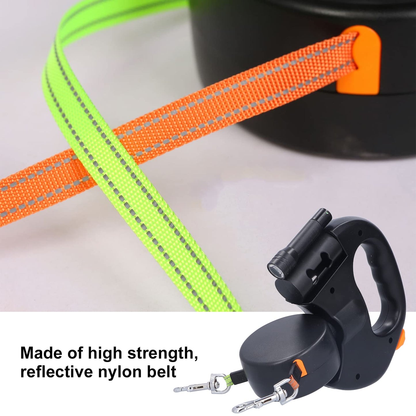 Retractable Double Dog Leash Reflective Pet Leash for Walking 2 Dogs, Traction Rope for Small Medium Dogs, Pet with Light and Bag Dispenser