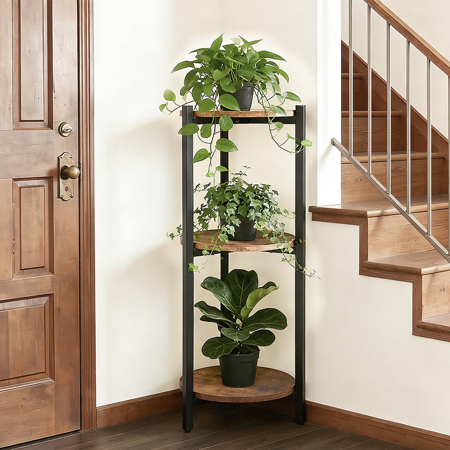 ZBBCTUS Plant Stand Indoor, Corner 3 Tier Tall Plant Stand Shelf with Brown Round Wooden Shelves, Heavy Duty Metal Frame Plant Holder, Sturdy Storage Rack for Living Room Balcony Garden Outdoor