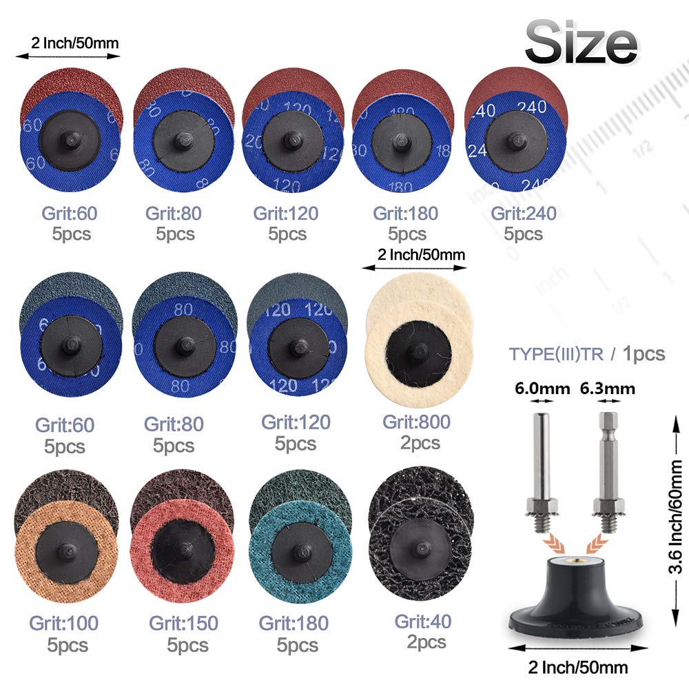 NYXCL 60Pcs 2 Inch Quick Change Sanding Discs Set, 2Pcs 1/4" Holders, Die Grinder Surface Conditioning Burr Rust Paint Removal