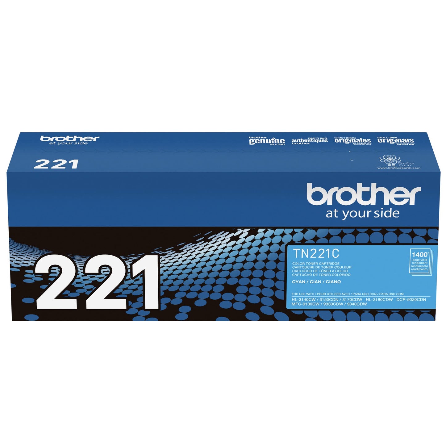 Brother original TN221C Standard Yield Cyan Toner Cartridge, original toner replacement cartridges, toner for Brother laser printers HL-3140CW, HL-3170CDW, MFC-9130CW, MFC-9330CDW, and more