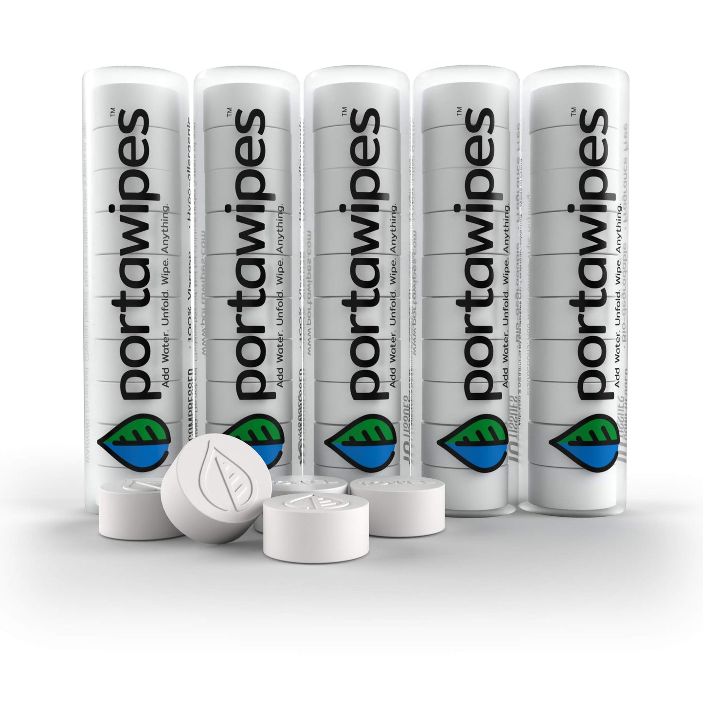 Portawipes Coin Tissues | 50 Pack with 5 Carrying Cases | Toilet Paper Tablets | Compressed Towels | Expandable Wipes | Soft & Odor Free