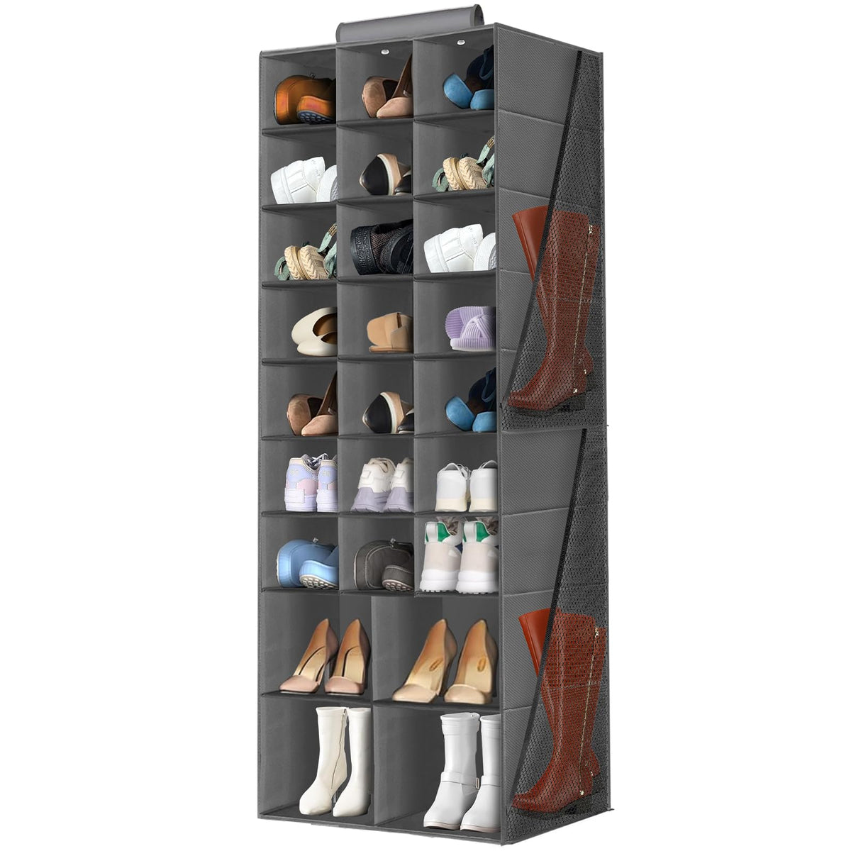 Hanging Shoe Organizer for Closet, Hanging Shoe Storage Rack Holder Shelves,Collapsible Shoe Closet Organizers and Storage with 4 Large Side Pockets,25 Sections for Shoes,Hats,Clothes(Gray)