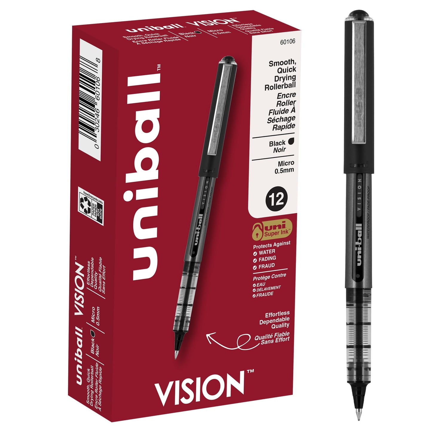 uni-ball VISION Rollerball, Stick Roller Ball Pen Micro-0.5mm, 12 Pack, Black Ink (60106)
