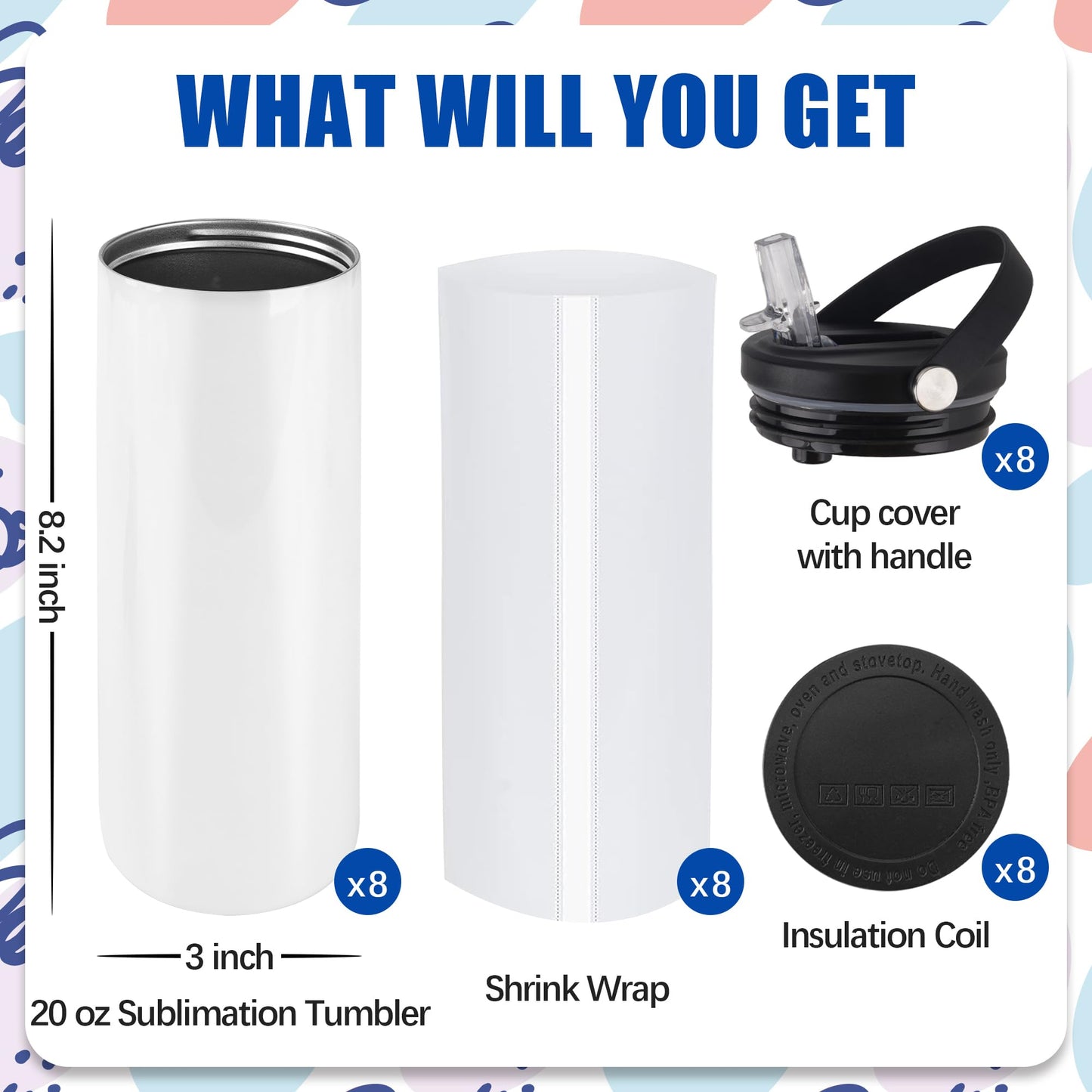 Joyclub 8 Pack Sublimation Tumblers 20 oz Sublimation Water Bottle Blanks Sports Skinny Insulated Tumblers Bulk