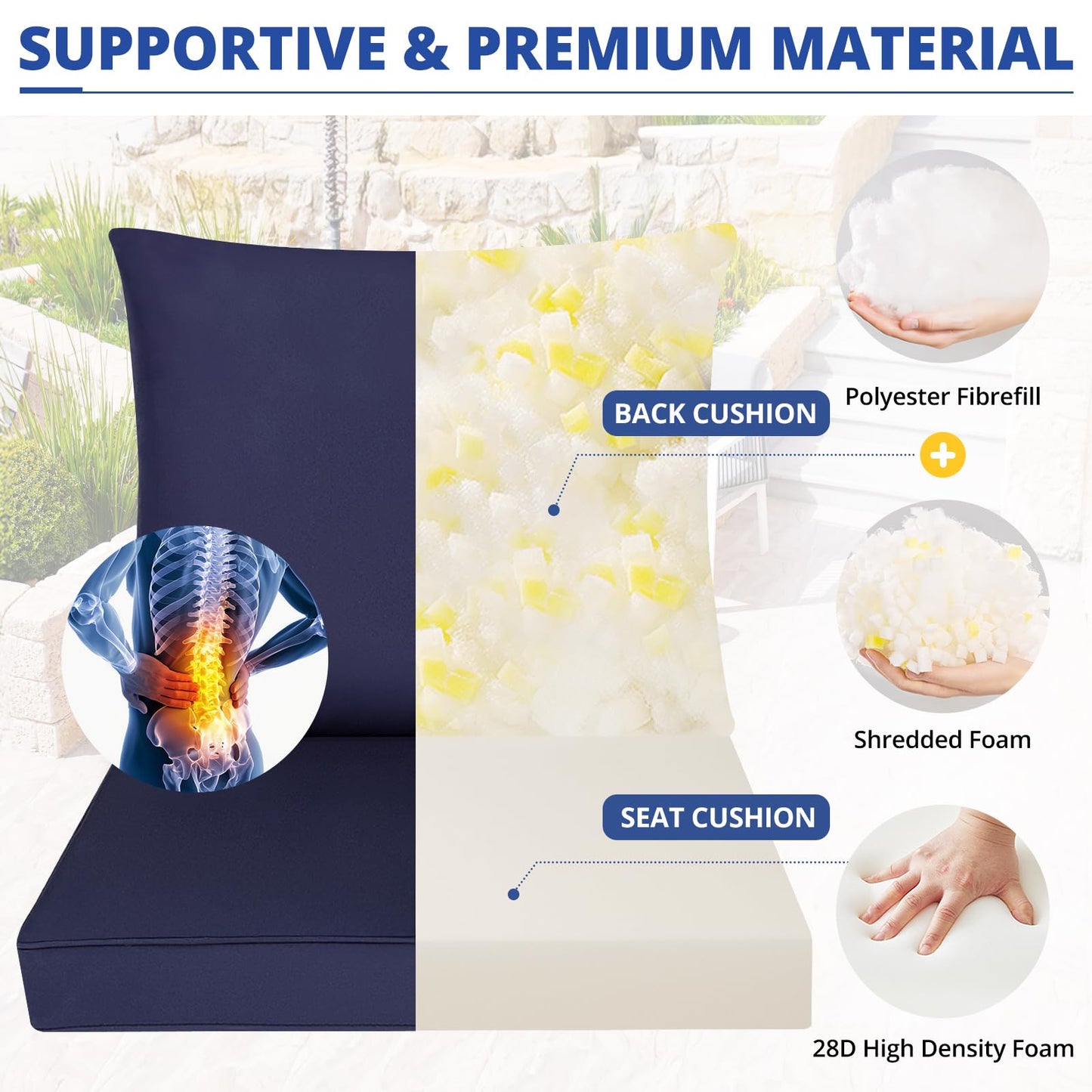 Fabuday Outdoor Chair Cushions Set - 24 x 24 Inch Waterproof & Fade Resistant Patio Furniture with Removable Cover Deep Seat & Back Pillow with Ties Replacement for Sunbrella Outside Sofa Couch Blue