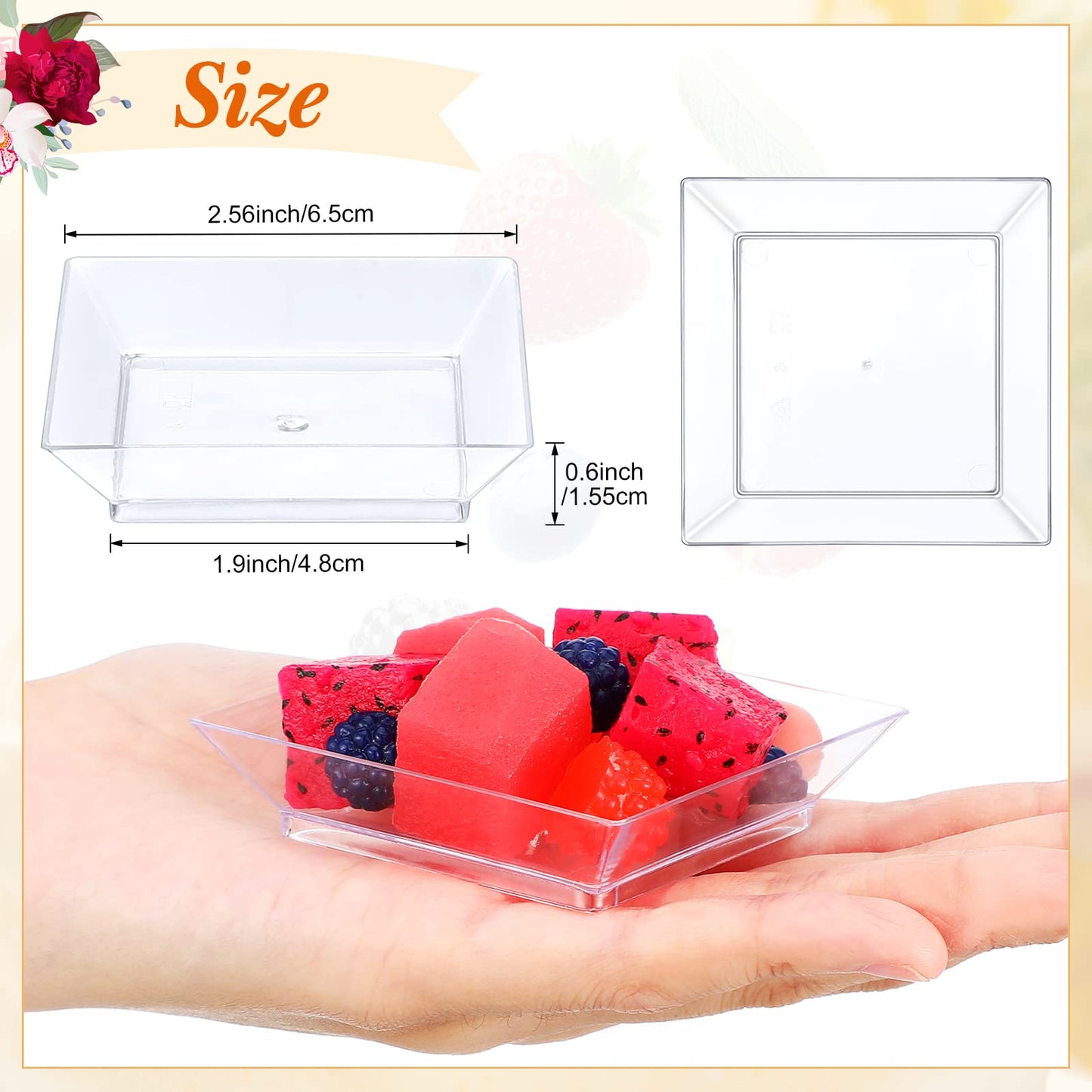 Gandeer 400 Pieces Mini Square Dessert Plates 2.5 x 2.5 Inch Disposable Appetizer Plates Small Clear Plastic Dish for Dessert Salad Appetizer Sauces Tastings Cake Wedding Party Serving (Clear)