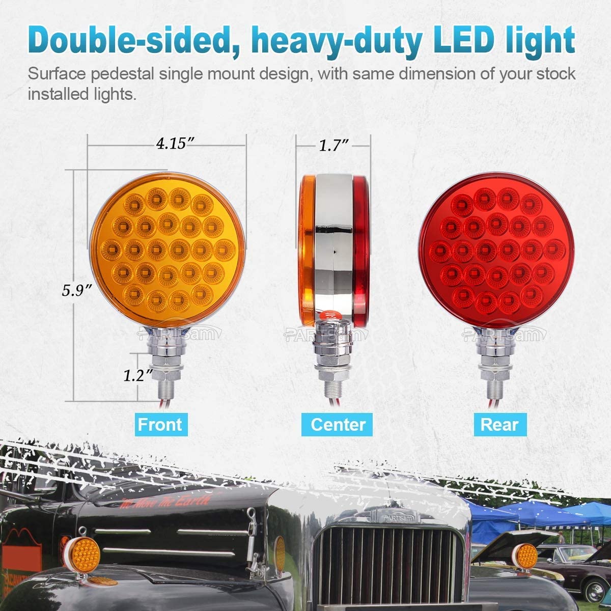Partsam 2pc 4" Round Double Face Single Stud Mount Pearl Red/Amber 48 LED Pedestal Fender Reflective Lights w Chrome Housing Sealed Replacement for Kenworth/Peterbilt/Freightliner