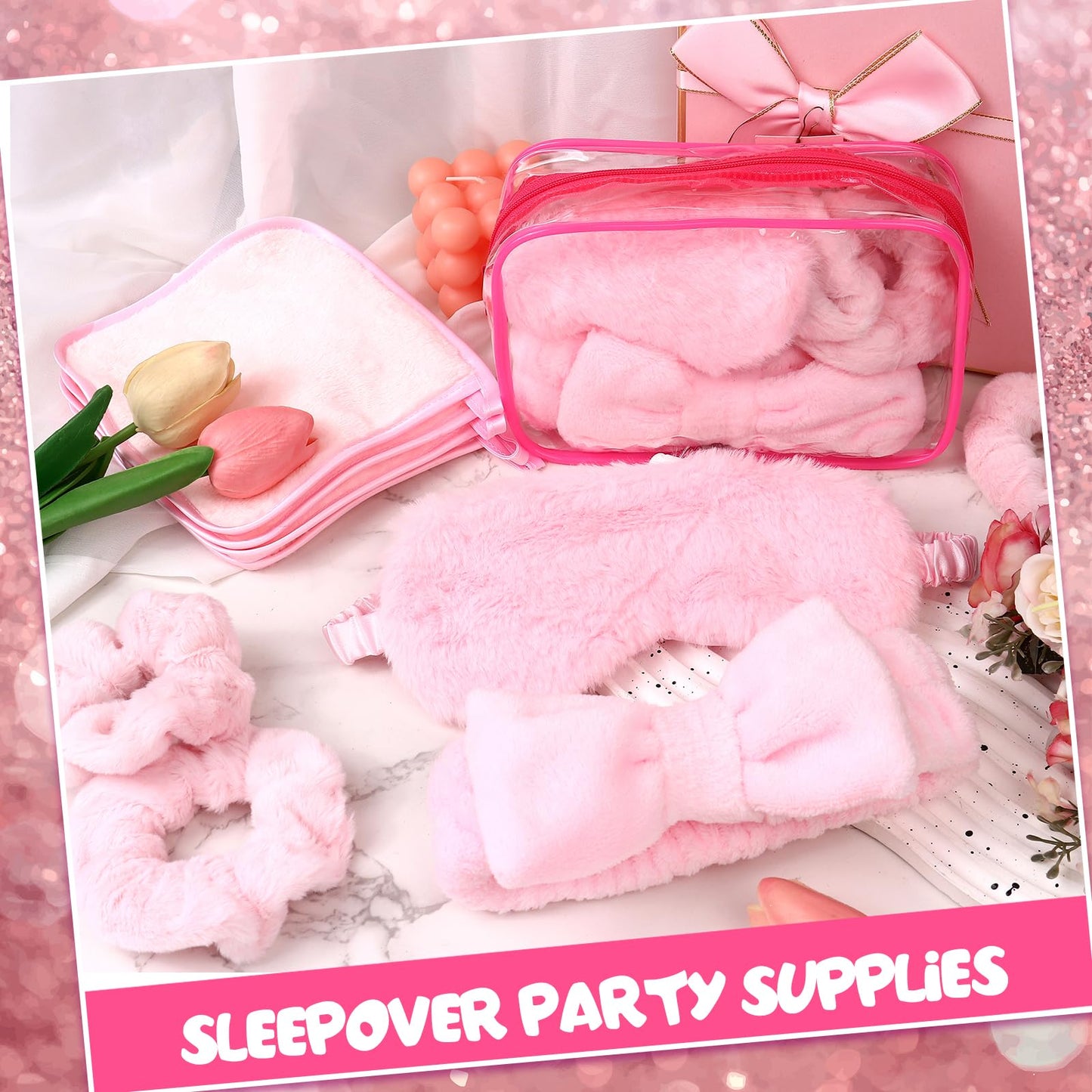 30 Pcs Spa Sleepover Party Supplies 6 Bow Makeup Headband 6 Plush Sleep Eye Mask 6 Velvet Scrunchies 6 Makeup Remover Cloth 6 Clear Cosmetic Bags for Women Slumber Party Favors, Pink, Cute