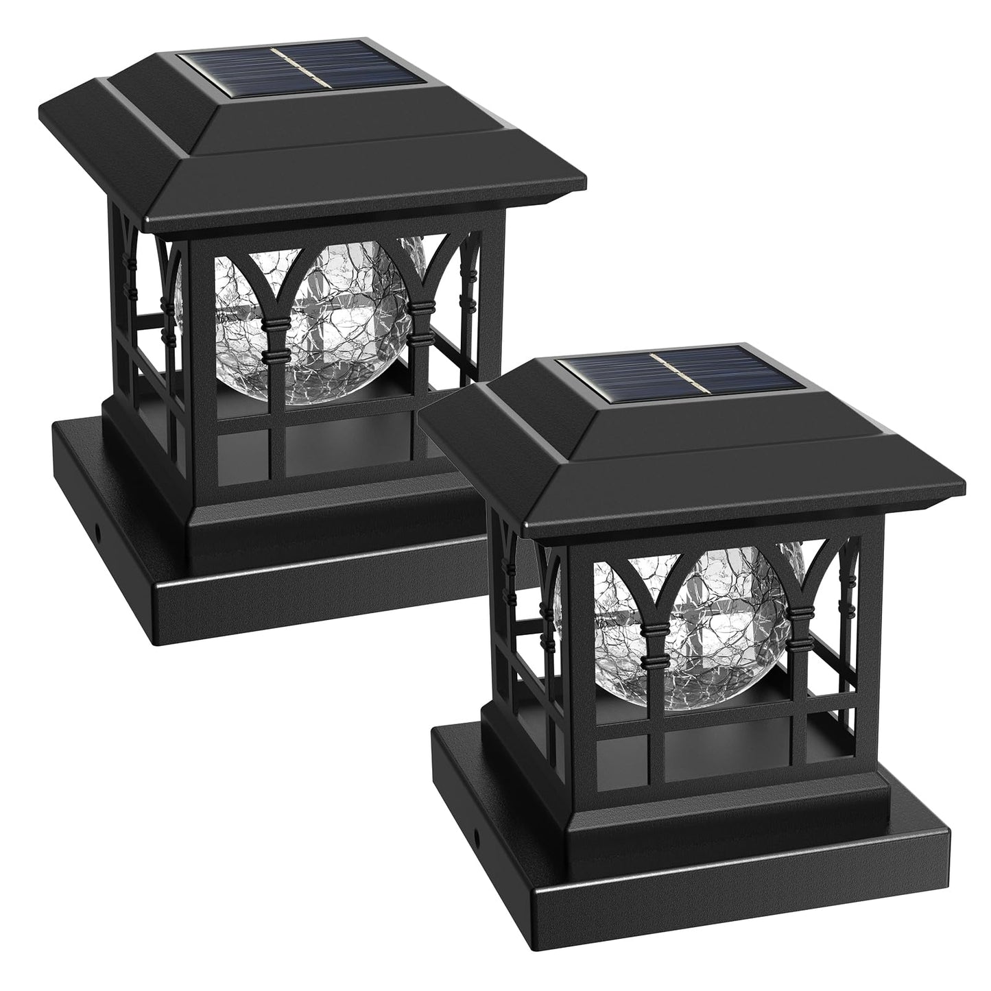 AEYANZZ Fence Post Solar Lights, Crackle Glass Solar Post Cap Lights, 20 Lumens, Warm White & RGB Automatic Cycling 2 Modes for 3.6x3.6 4x4 4.5x4.5 5x5 Vinyl Wooden Posts Decoration, Black (2 Pack)