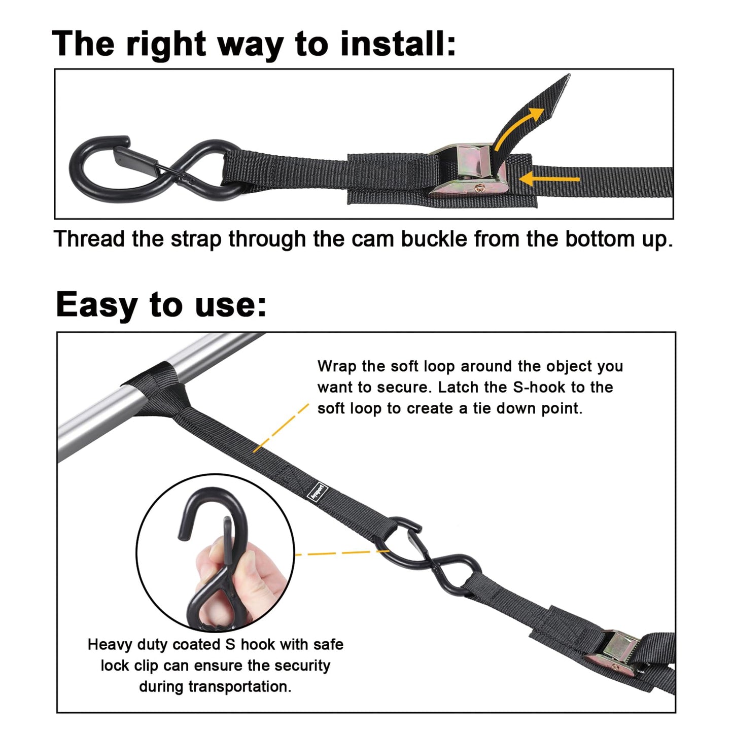 Ayaport Cam Buckle Tie Down Straps 8ft 1250lbs Break Strength 4 pcs Securing Straps with S Hooks for Motorcycle, Car, Truck, Dirt Bike