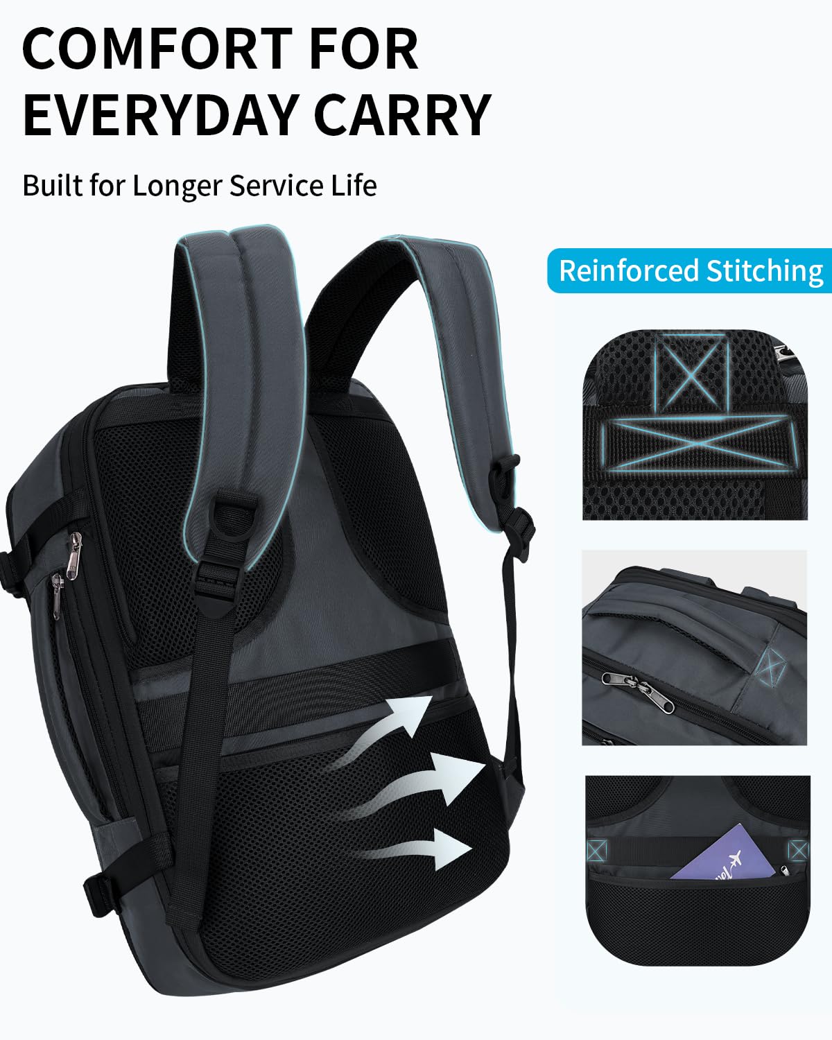 ECOHUB Travel Backpack for Men Women, Expandable Large Carry On Backpacks Essentials with Wet Pocket Cable Slot Water Resistant 12 Pockets 30L Travel Work Grey